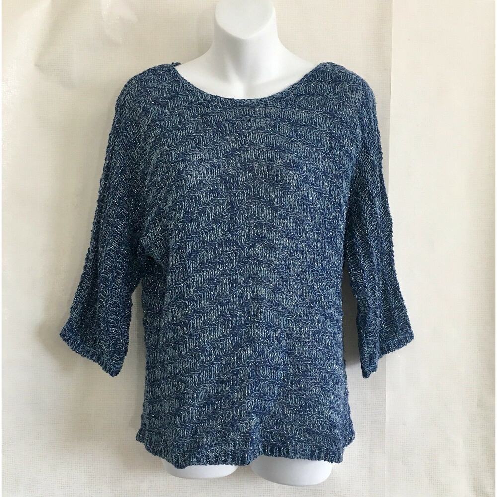 Chico's Sweater Womens Size 0 Small Blue/Metallic Loose Knit 3/4 Dolman Sleeve